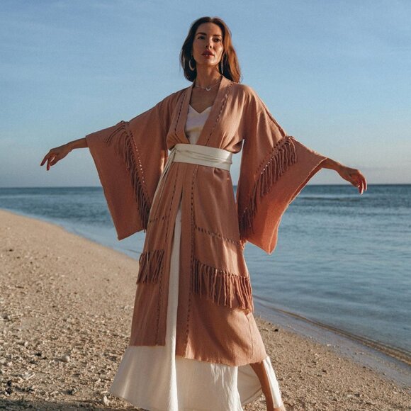 Aya Sacred Wear Boho Kimono Cover Wide Sleeve Cape Tassel Organic Sustainable - Picture 8 of 8